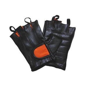 Men's Black and Orange Leather Padded Palm Fingerless Glove with Pull Tabs